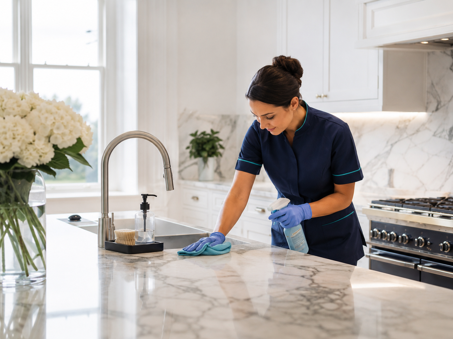 Cleaner deep cleaning a bright marble kitchen