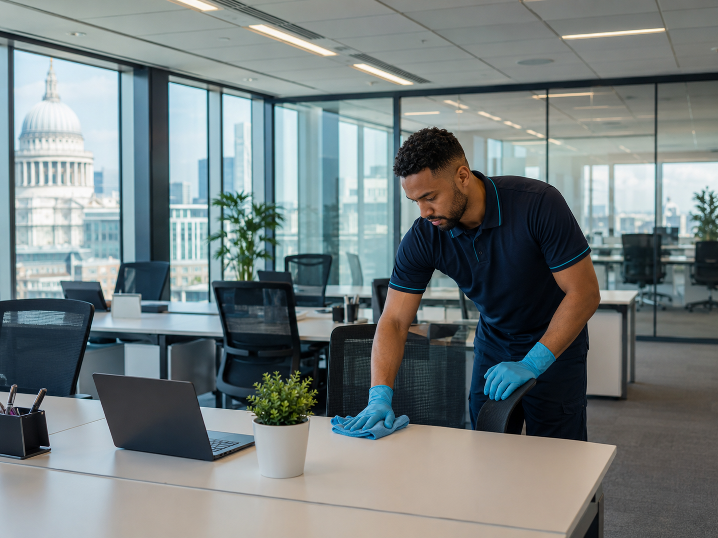 Professional cleaner wiping a desk in a modern London office