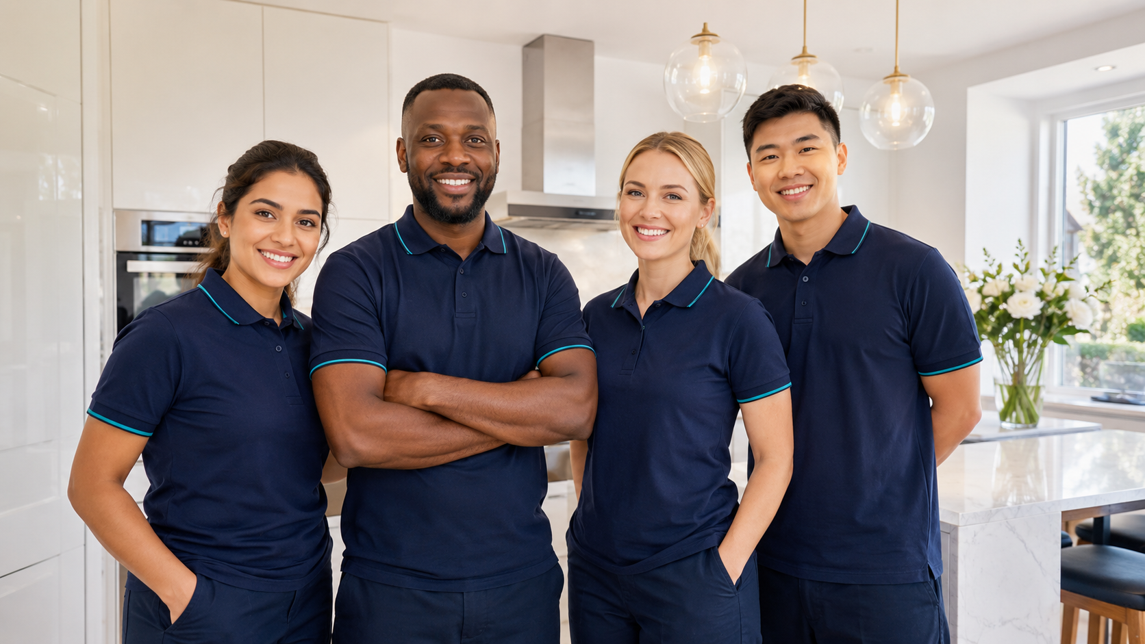 Four professional cleaners in navy uniforms standing in a bright kitchen